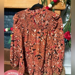 JODIFL Women's Abstract Print Smocked Blouse - Orange, Black, White